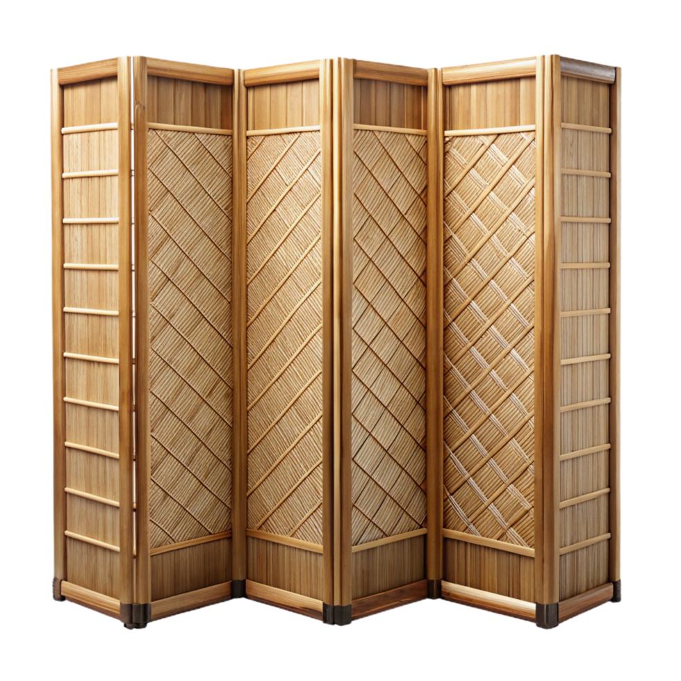 pristine artistic Bamboo room divider, woven panels, natural finish, soft lighting, front view, with transparent background,high-resolution product photography top-tier png