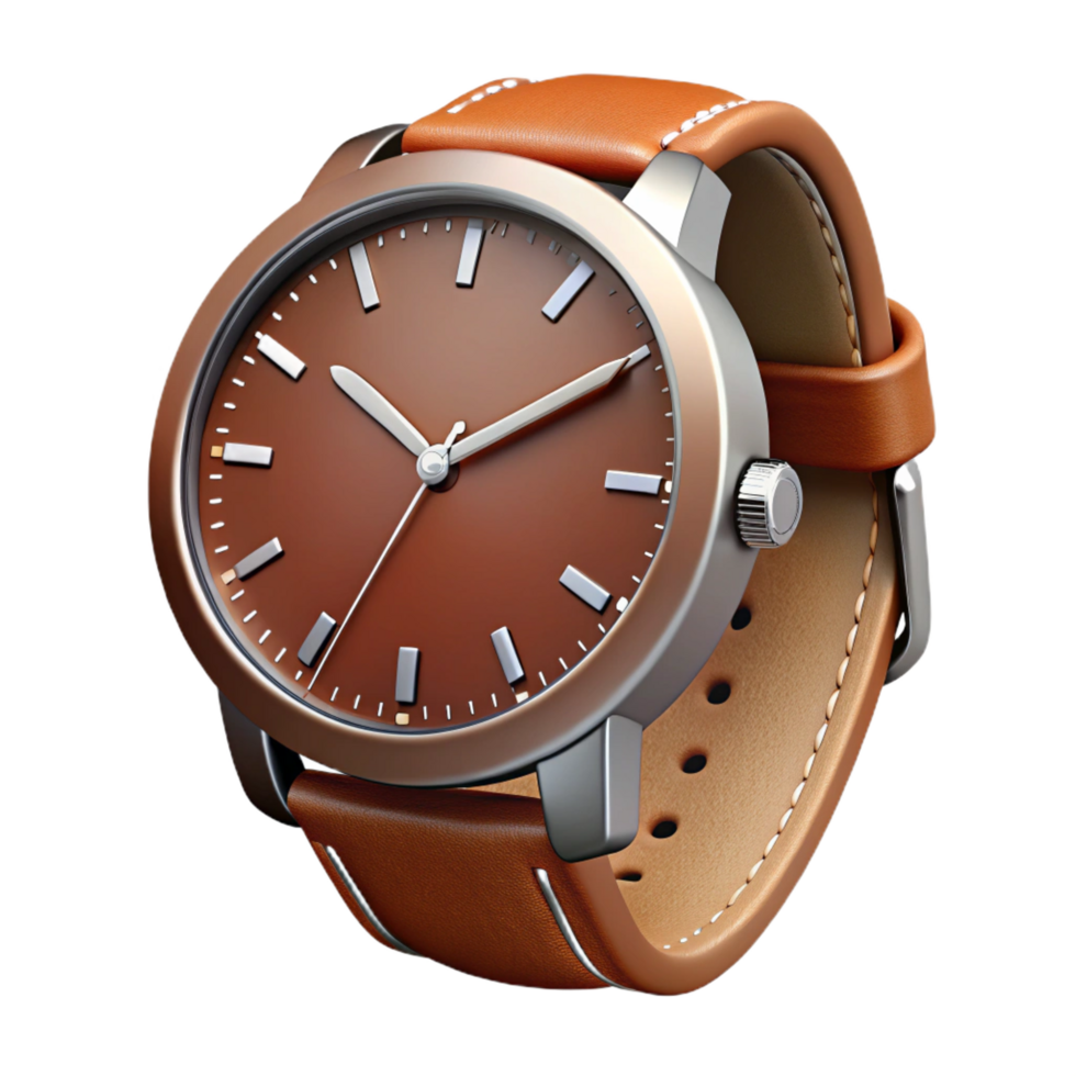 ethereal sumptuous Brown leather watch with a metal band, detaileclock face, studio lighting, isolateon transparent background,high-resolution product photography masterfully captured png