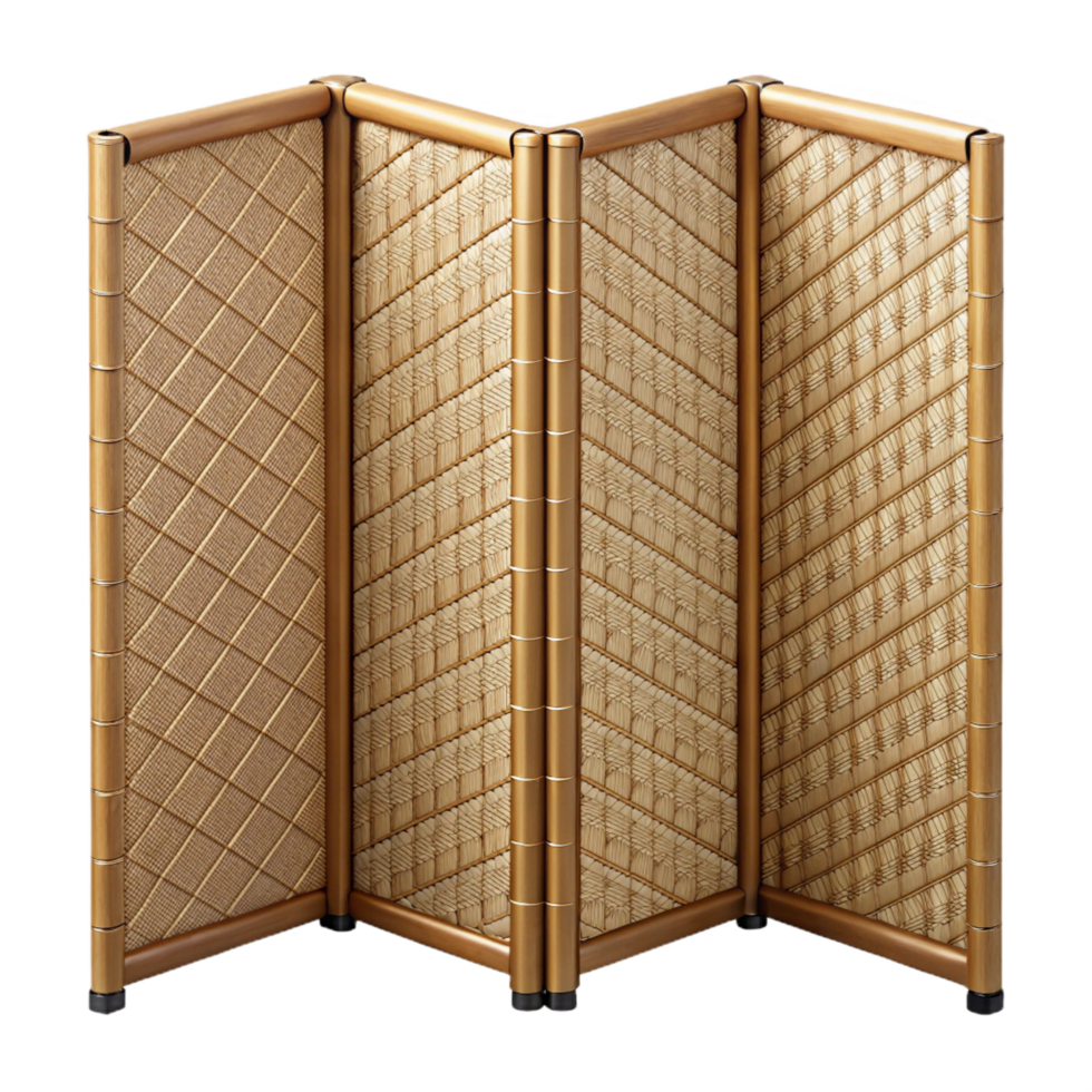 gorgeous classic Bamboo room divider, woven panels, natural finish, soft lighting, front view, with transparent background,high-resolution product photography professional png