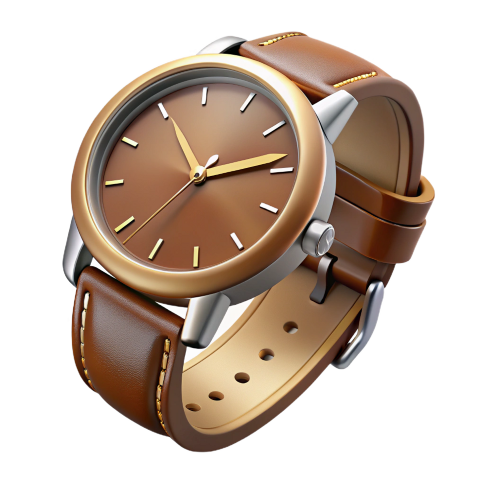 peaceful gorgeous Brown leather watch with a metal band, detaileclock face, studio lighting, isolateon transparent background,high-resolution product photography luxury png