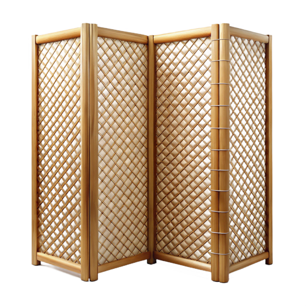 calm dramatic Bamboo room divider, woven panels, natural finish, soft lighting, front view, with transparent background,high-resolution product photography crisp png