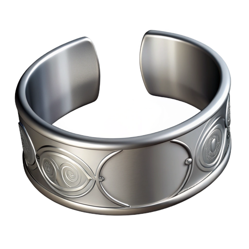 alluring sought-after Silver cuff bracelet with engravedetails, metallic sheen, studio lighting, front view, isolateon transparent background,high-resolution product photography png