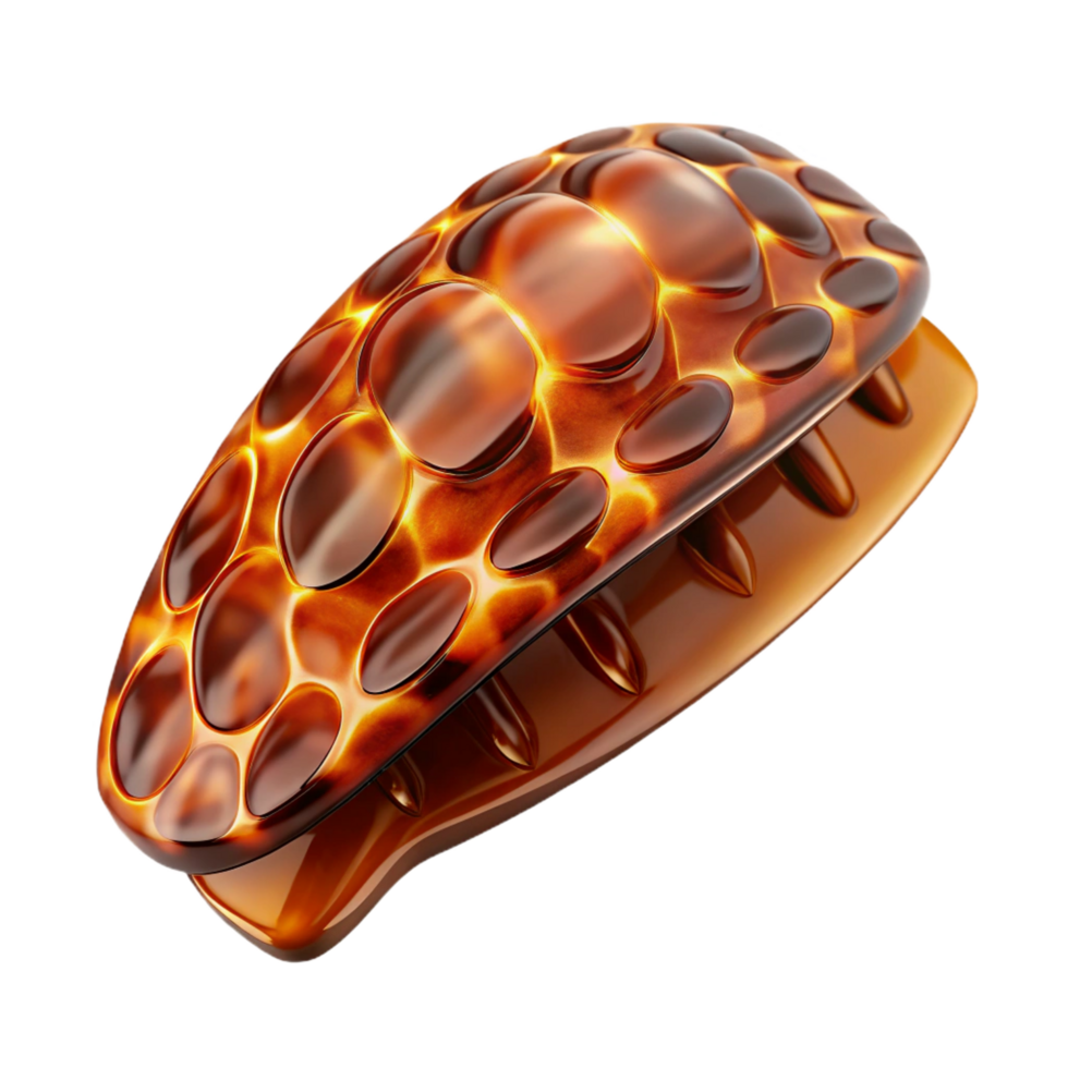 mesmerizing futuristic Tortoise shell hair clip with intricate carving, glossy finish, studio lighting, side view, isolateon transparent background,high-resolution product photography handcrafted png