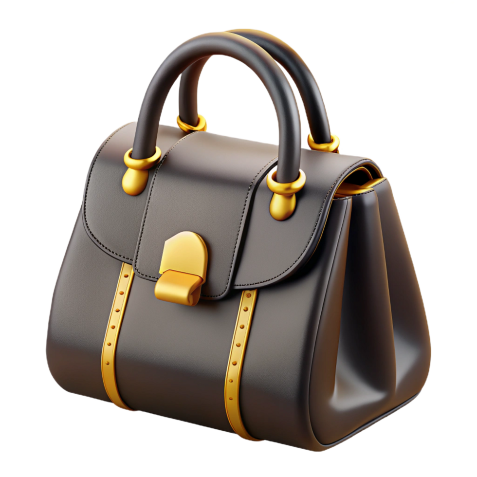 elegant traditional Black leather handbag with golhardware, detailestitching, studio lighting, isolateon transparent background,high-resolution product photography museum quality png