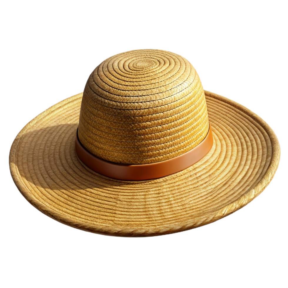 serene sought-after Wide-brimmesun hat made of woven raffia, natural texture, studio lighting, front view, isolateon transparent background,high-resolution product photography png