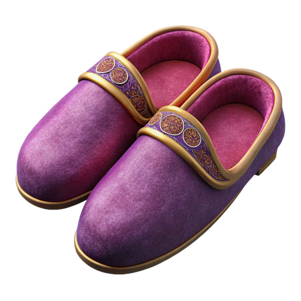 signature coastal Pair of velvet slippers with embroideredetails, soft texture, soft lighting, top-down view, isolateon transparent background,high-resolution product photography masterfully captured png