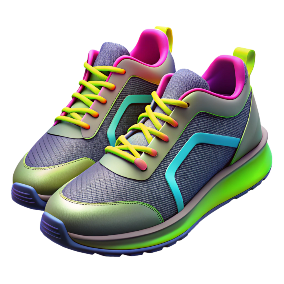 magnificent quintessential Pair of running shoes with neon accents, mesh anrubber materials, studio lighting, side view, isolateon transparent background,high-resolution product photography png