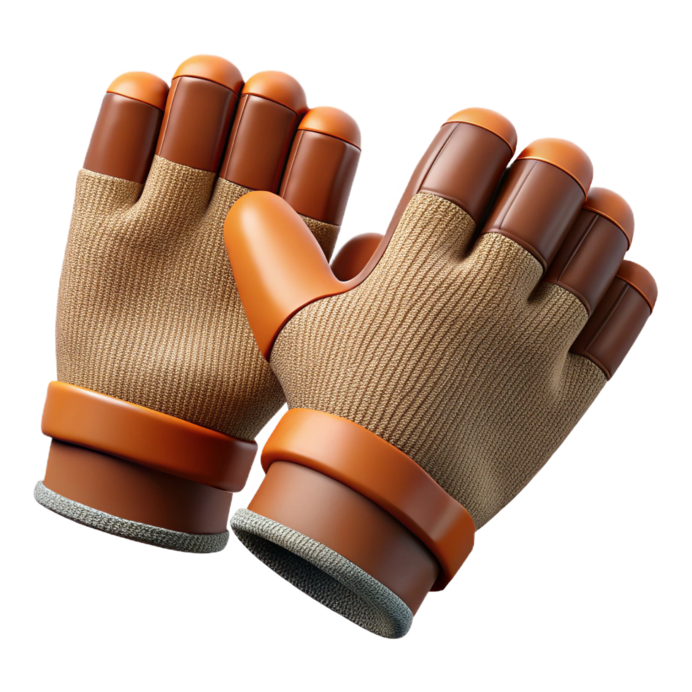 mesmerizing playful mid-century Pair of fingerless gloves with leather accents, knittetexture, soft lighting, top-down view, with transparent background,high-resolution product photography precision png