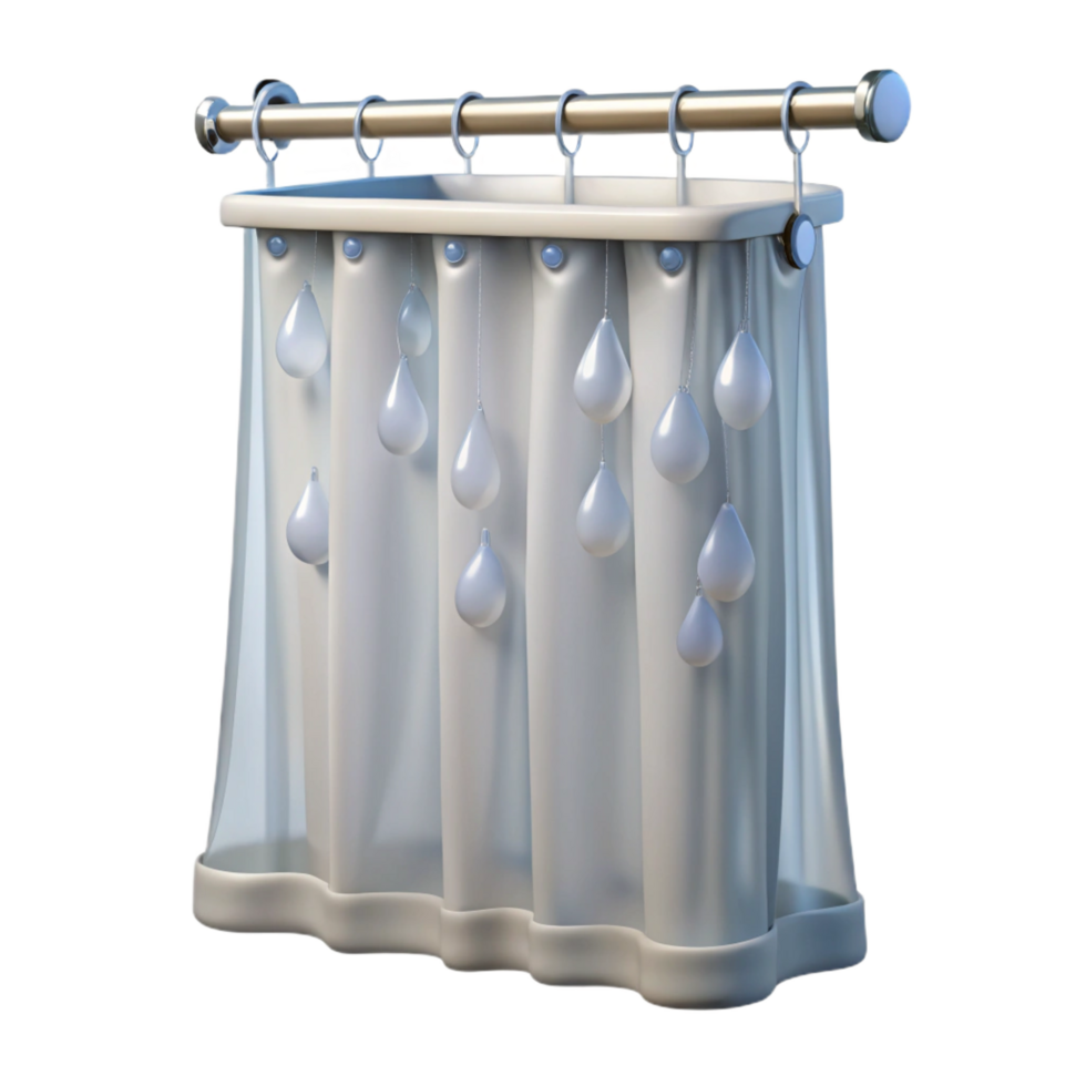 immaculate quintessential Shower curtain, clear plastic, water droplets, studio lighting, front view, isolateon transparent background,high-resolution product photography png