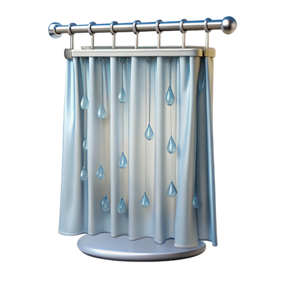 reflective hypnotic Shower curtain, clear plastic, water droplets, studio lighting, front view, isolateon transparent background,high-resolution product photography sharp png