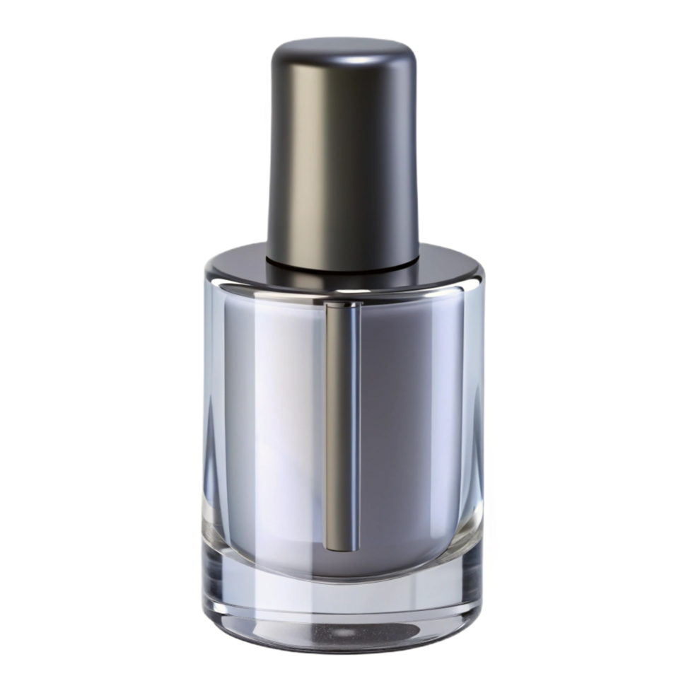 notable nordic A bottle of clear nail polish with a thin brush applicator, glossy finish, studio lighting, front view, isolateon transparent background,high-resolution product photography luxury png