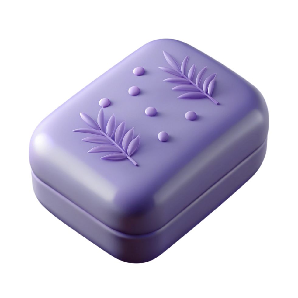 serene retro A bar of lavender soap, texturesurface, subtle floral design, soft lighting, top-down view, isolateon transparent background,high-resolution product photography flawless png