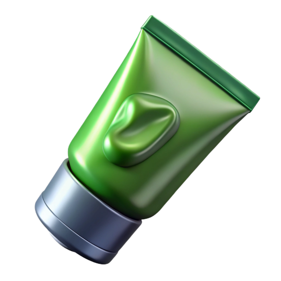 glorious playful futuristic A tube of green tea face mask, metallic finish, partially squeezed, studio lighting, isolateon transparent background,high-resolution product photography sharp png
