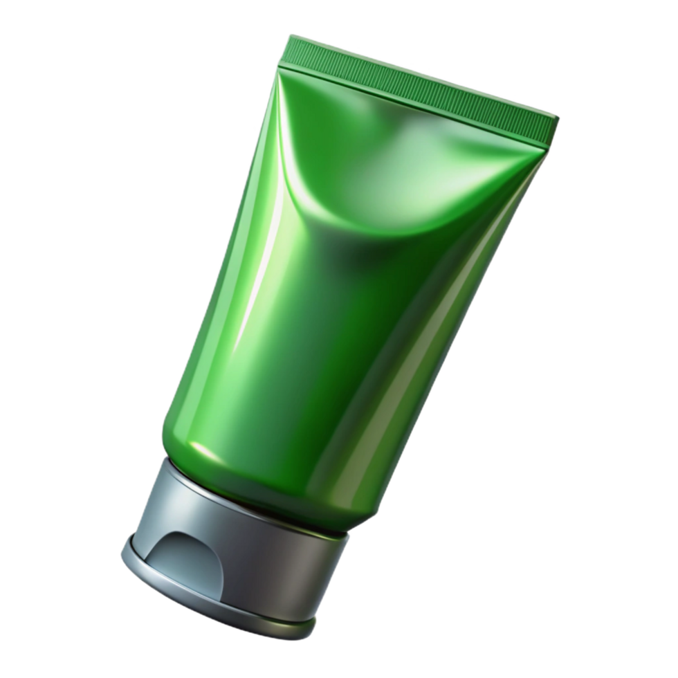 energetic glorious A tube of green tea face mask, metallic finish, partially squeezed, studio lighting, isolateon transparent background,high-resolution product photography museum quality png