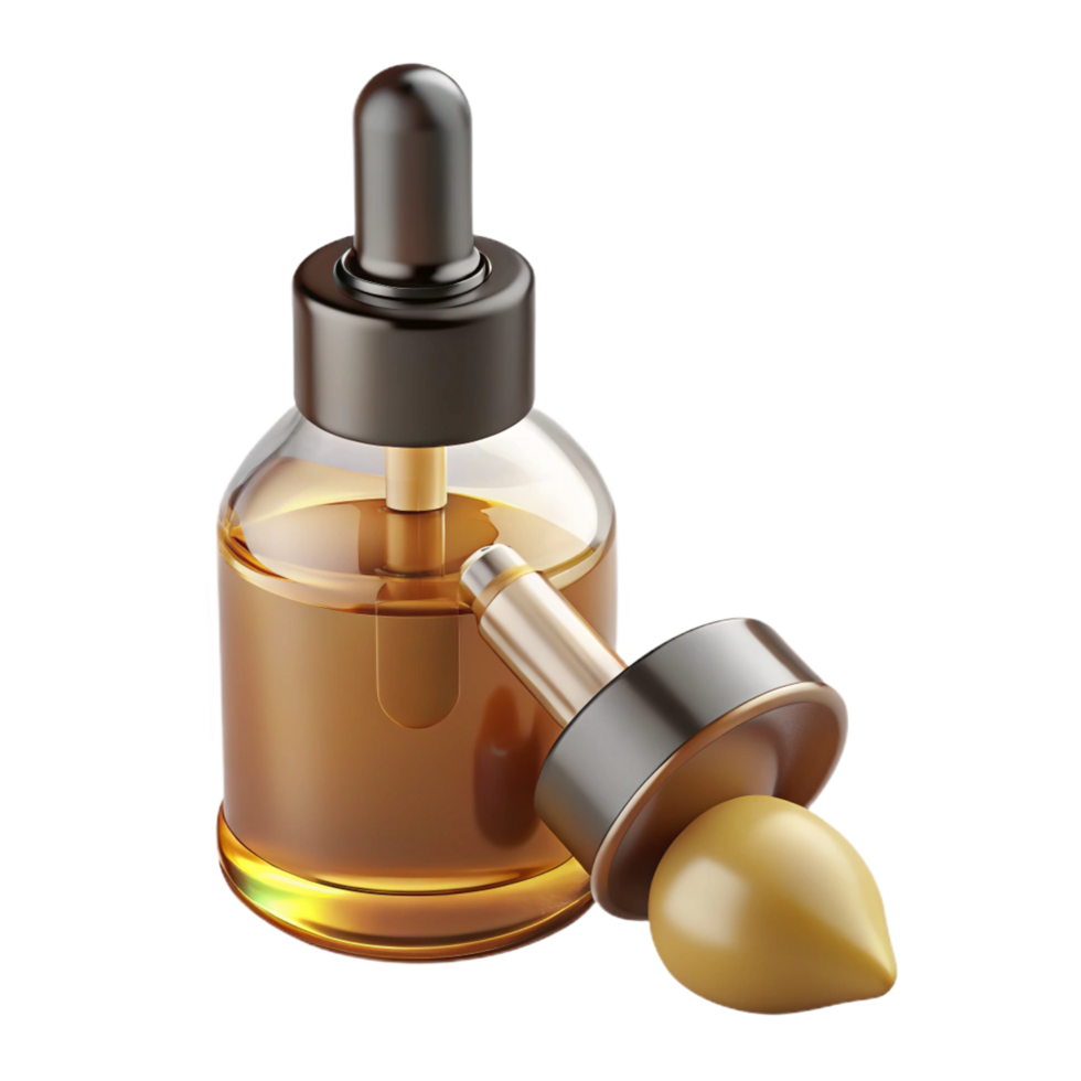 peaceful picturesque A bottle of argan oil, amber glass, dropper applicator, studio lighting, front view, with transparent background,high-resolution product photography refined png