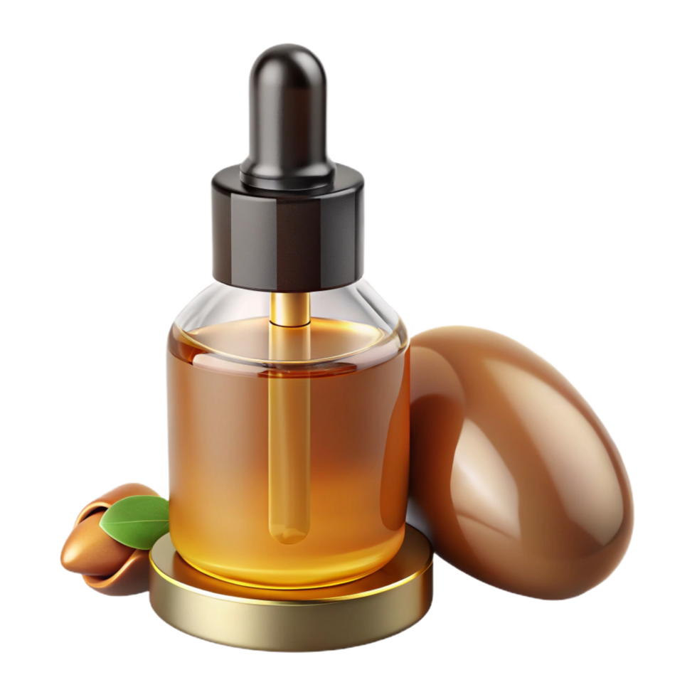 captivating distinguisheA bottle of argan oil, amber glass, dropper applicator, studio lighting, front view, with transparent background,high-resolution product photography png