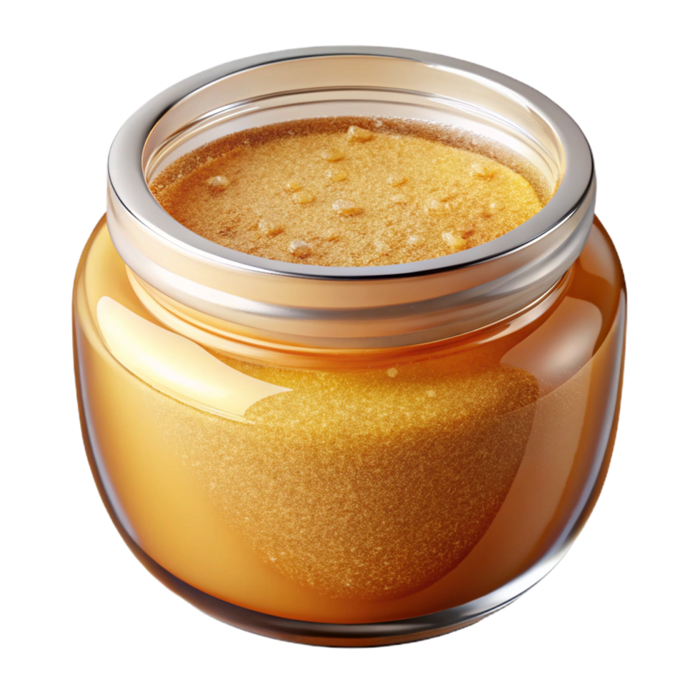 exquisite iconic A glass jar of golden honey face scrub, visible sugar granules, studio lighting, front view, isolateon transparent background,high-resolution product photography png