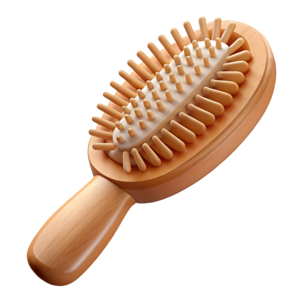 calm dramatic A wooden hairbrush with natural bristles, ergonomic handle, soft lighting, top-down view, with transparent background,high-resolution product photography 8K png
