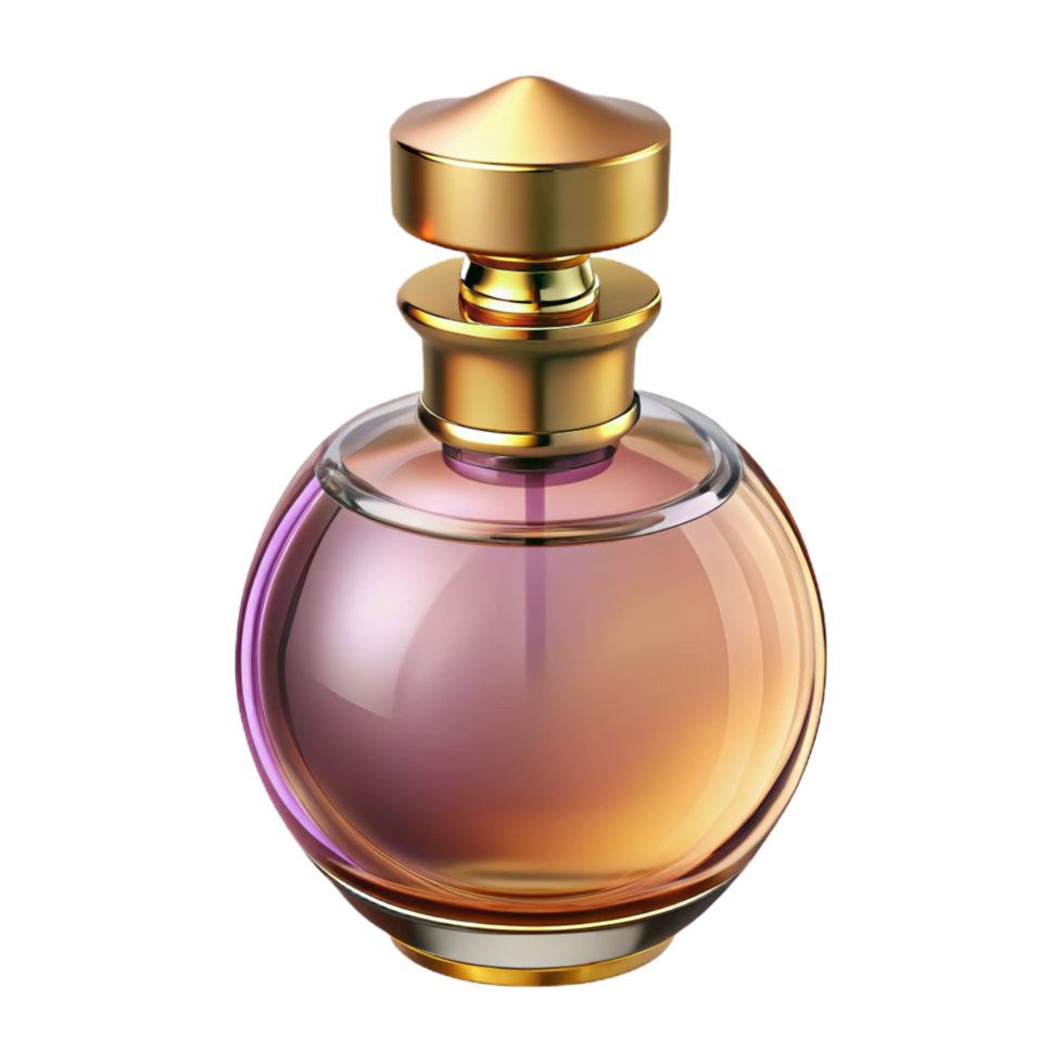gorgeous dreamy traditional A bottle of perfume, elegant glass bottle, golden cap, studio lighting, front view, with transparent background,high-resolution product photography expertly shot png