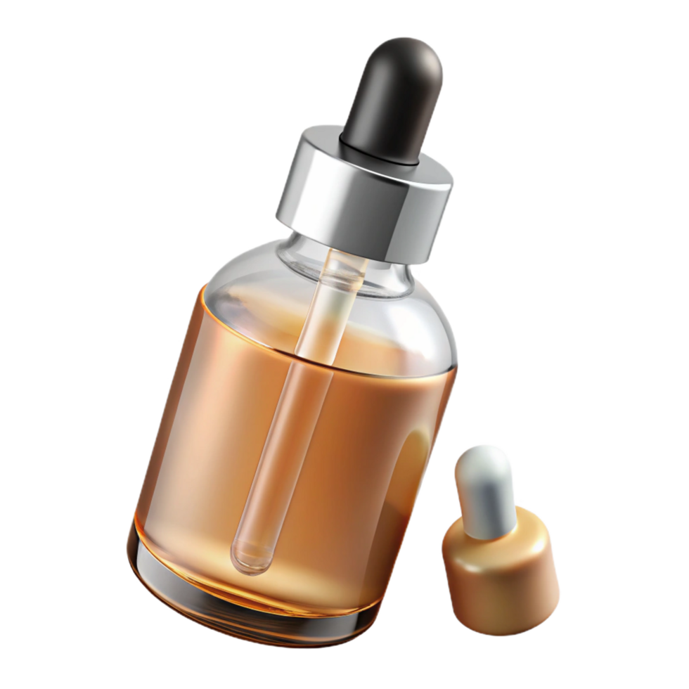 dramatic remarkable A bottle of hair serum, clear liquid, dropper applicator, studio lighting, side view, with transparent background,high-resolution product photography png