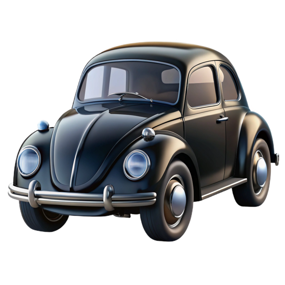 remarkable traditional Classic black Volkswagen Beetle, glossy finish, chrome details, front view, soft lighting, isolateon transparent background,high-resolution product photography authentic png