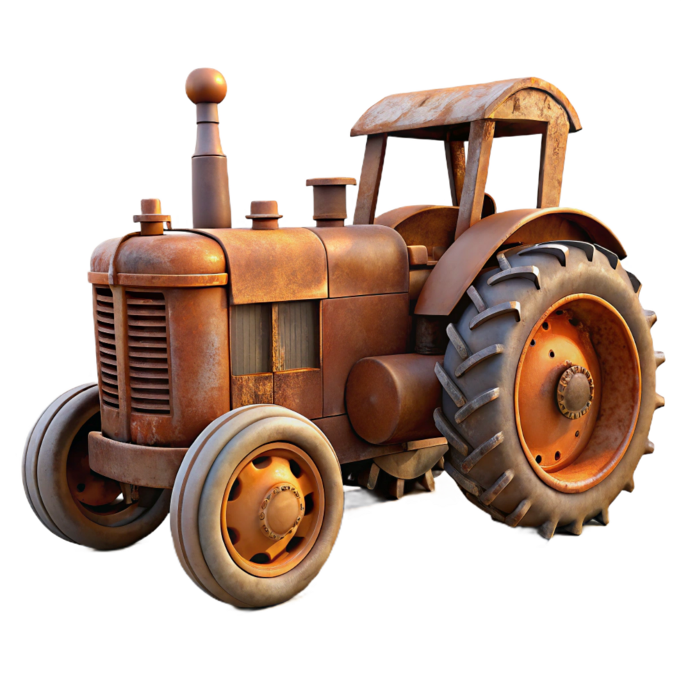 dreamy glorious Rusty vintage tractor, weatherepaint, visible mechanical details, side view, soft lighting, isolateon transparent background,high-resolution product photography fine detail png