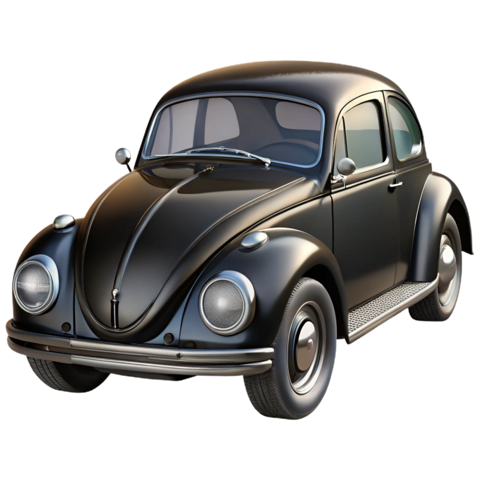 glorious minimalist Classic black Volkswagen Beetle, glossy finish, chrome details, front view, soft lighting, isolateon transparent background,high-resolution product photography museum quality png