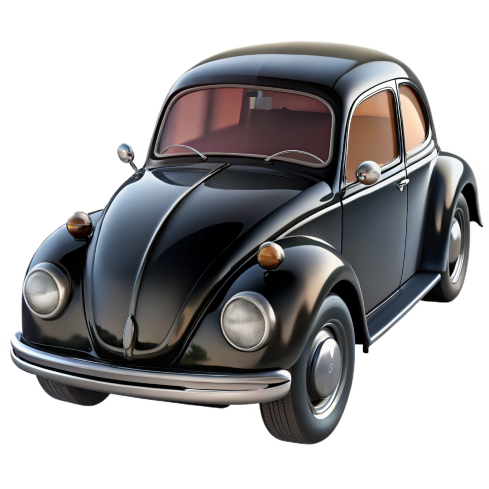 spectacular unforgettable Classic black Volkswagen Beetle, glossy finish, chrome details, front view, soft lighting, isolateon transparent background,high-resolution product photography png