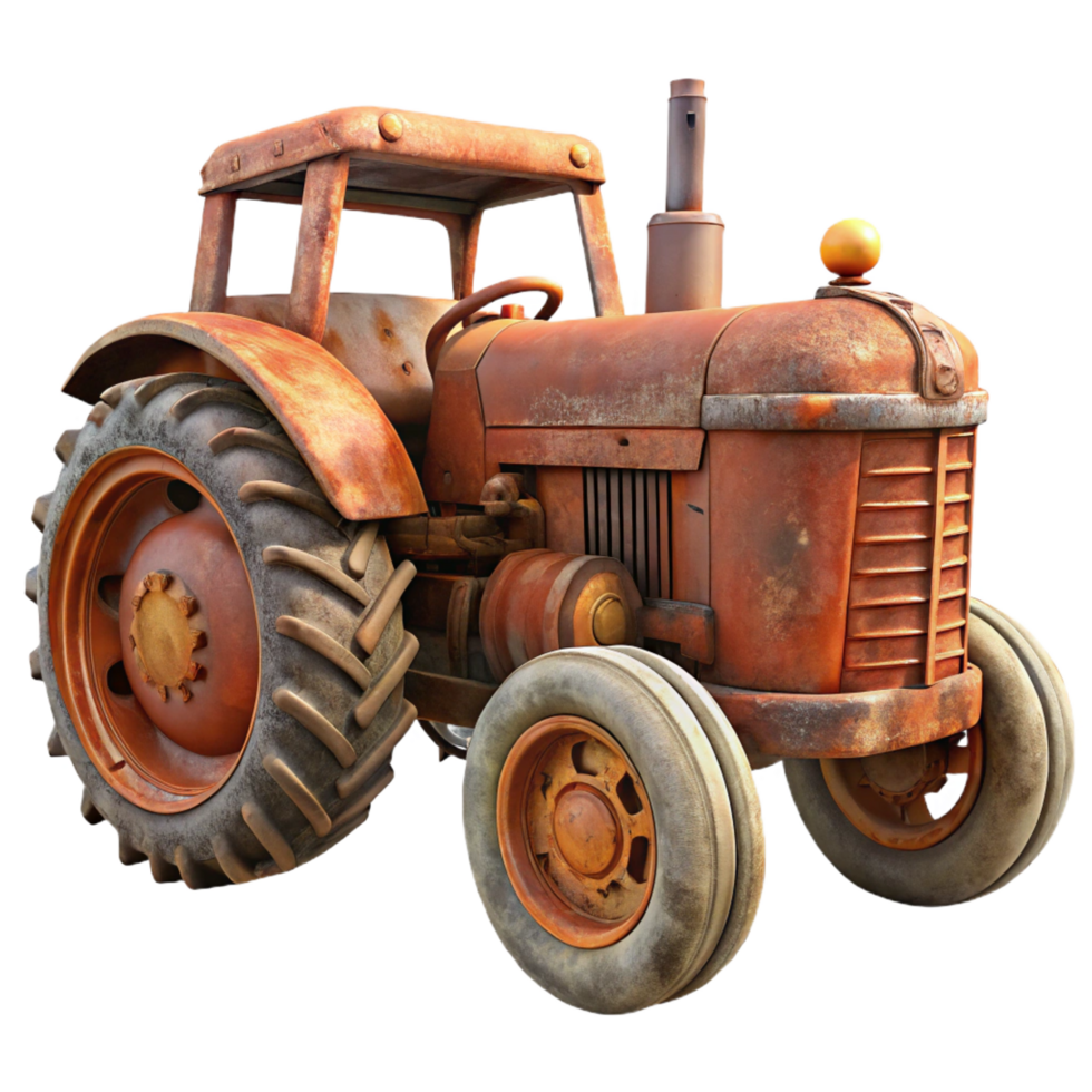 tranquil alluring Rusty vintage tractor, weatherepaint, visible mechanical details, side view, soft lighting, isolateon transparent background,high-resolution product photography exclusive png