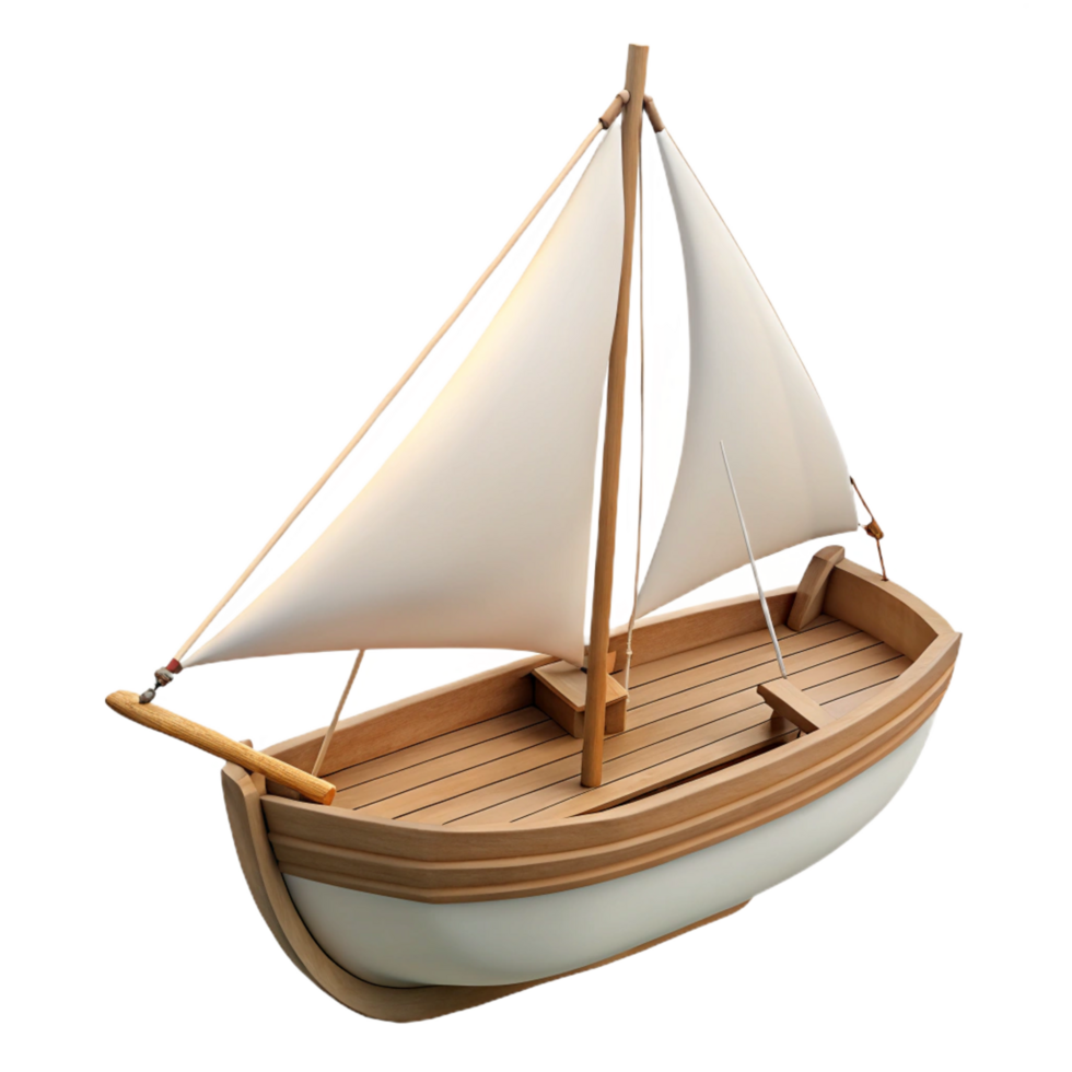 bolpristine Wooden sailboat with white sails, detailerigging anhull, side view, soft lighting, isolateon transparent background,high-resolution product photography gallery standard png