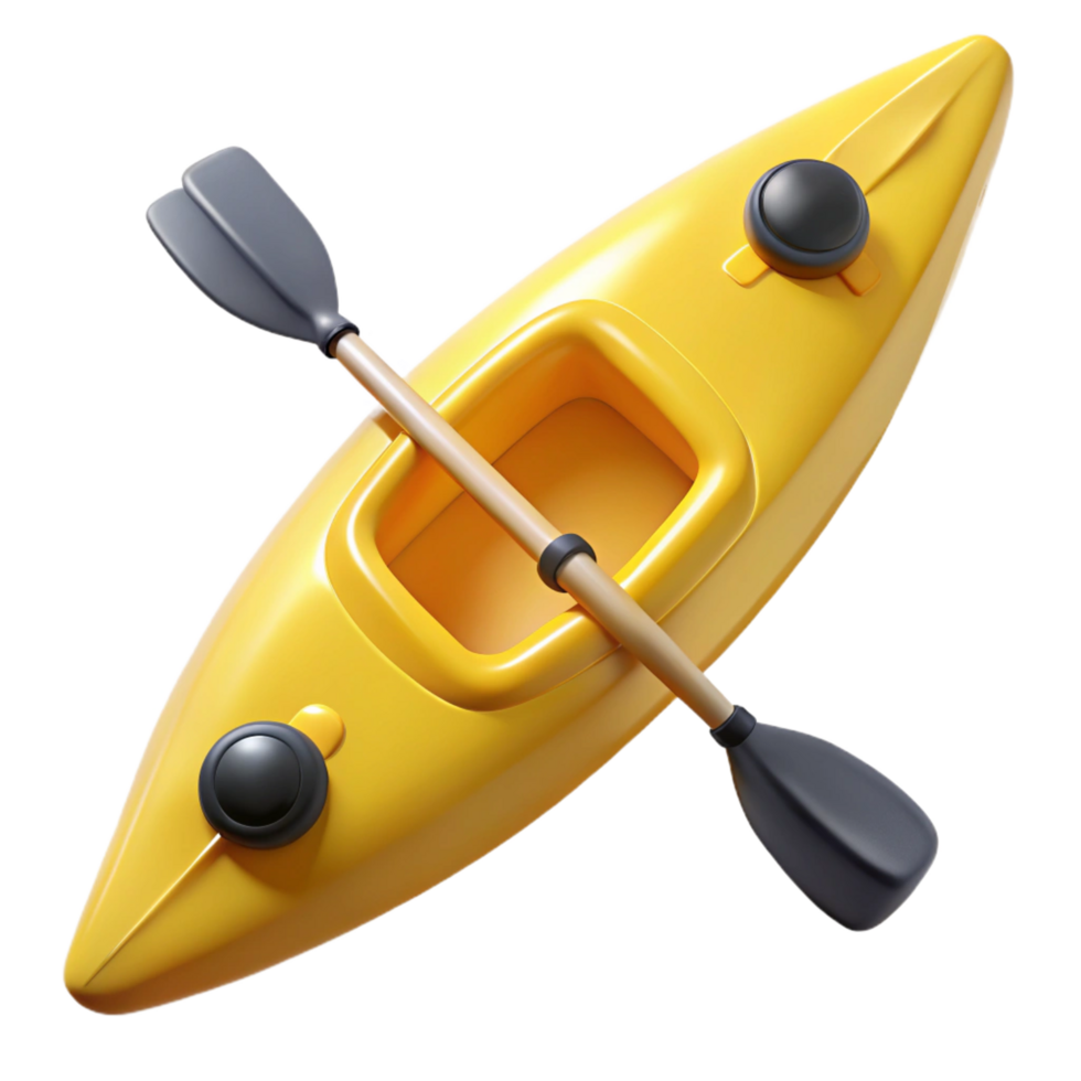 reflective magnificent Yellow kayak with paddles, matte finish, top-down view, studio lighting, isolateon transparent background,high-resolution product photography sharp png