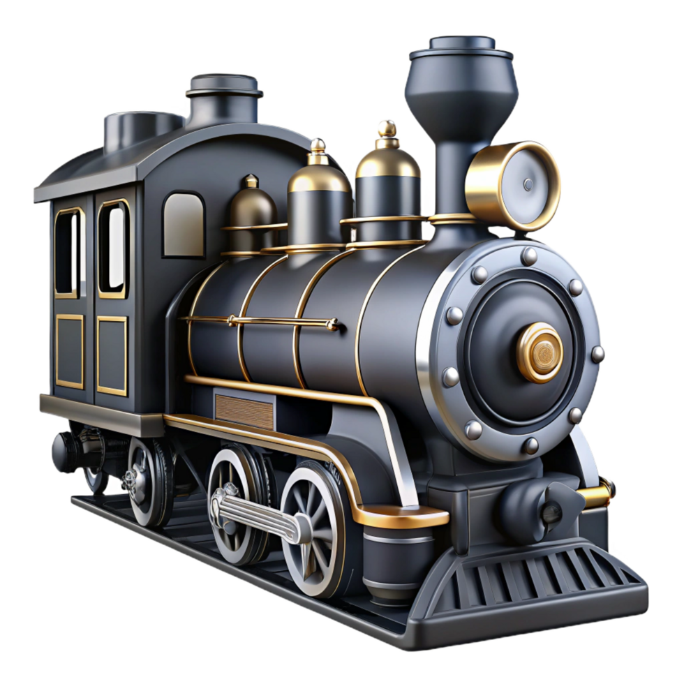 pristine rustic Black anwhite steam train, detaileengine ancarriages, side view, dramatic lighting, isolateon transparent background,high-resolution product photography gallery standard png