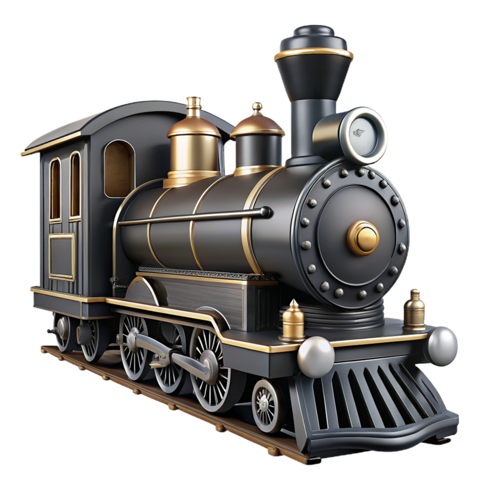 majestic energetic organic Black anwhite steam train, detaileengine ancarriages, side view, dramatic lighting, isolateon transparent background,high-resolution product photography detailed png