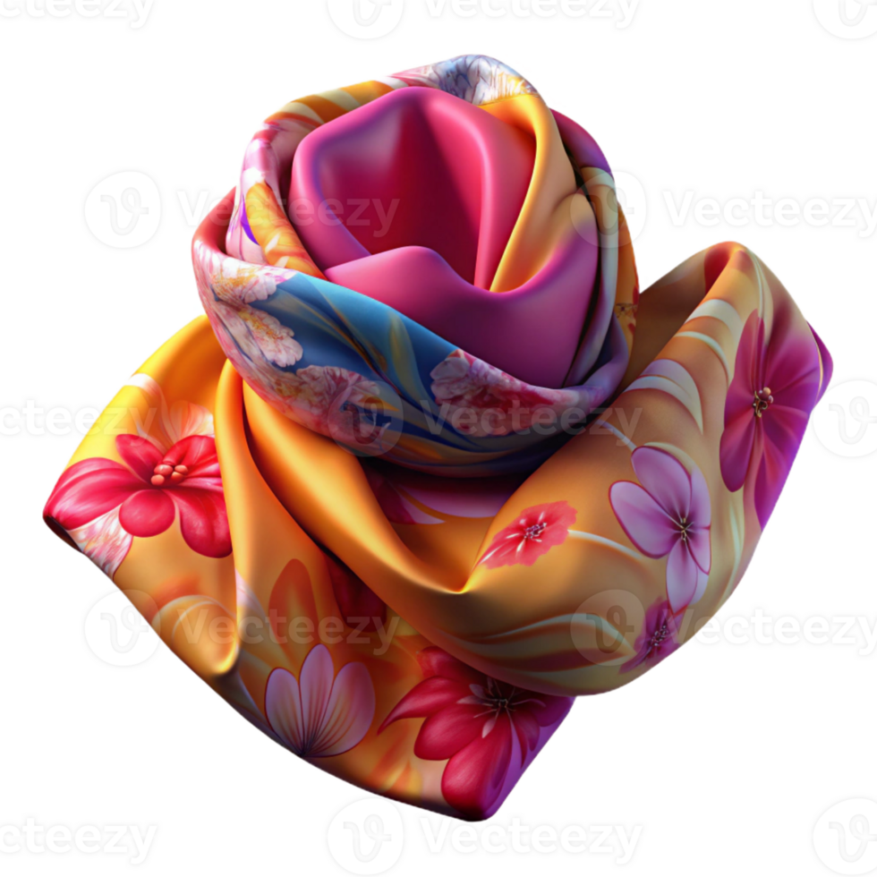 peaceful captivating A silk scarf, vibrant floral pattern, flowing fabric, soft folds, studio lighting, top-down view, isolateon transparent background,high-resolution product photography 4K png