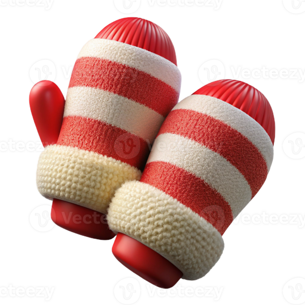 exquisite impressionist A pair of knittemittens, reanwhite stripes, fluffy texture, soft lighting, top-down view, isolateon transparent background,high-resolution product photography precision png