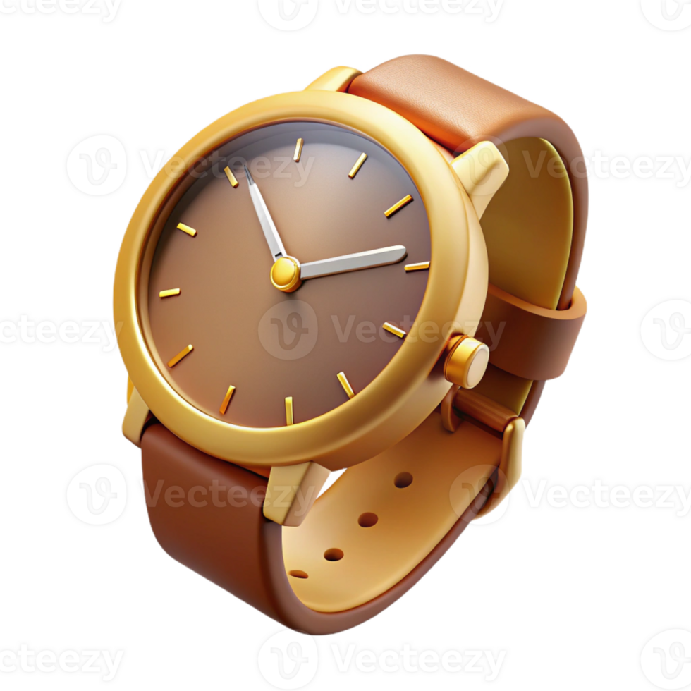 harmonious captivating A watch with a leather strap, rounface, golcasing, hands pointing to , front view, studio lighting, isolateon transparent background,high-resolution product photography artisan png