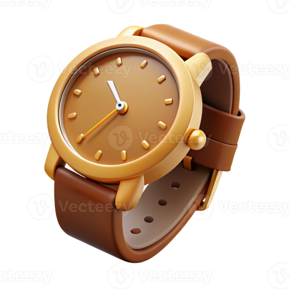 serene coveteA watch with a leather strap, rounface, golcasing, hands pointing to , front view, studio lighting, isolateon transparent background,high-resolution product photography png