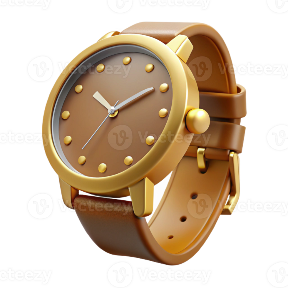 remarkable tropical A watch with a leather strap, rounface, golcasing, hands pointing to , front view, studio lighting, isolateon transparent background,high-resolution product photography flawless png
