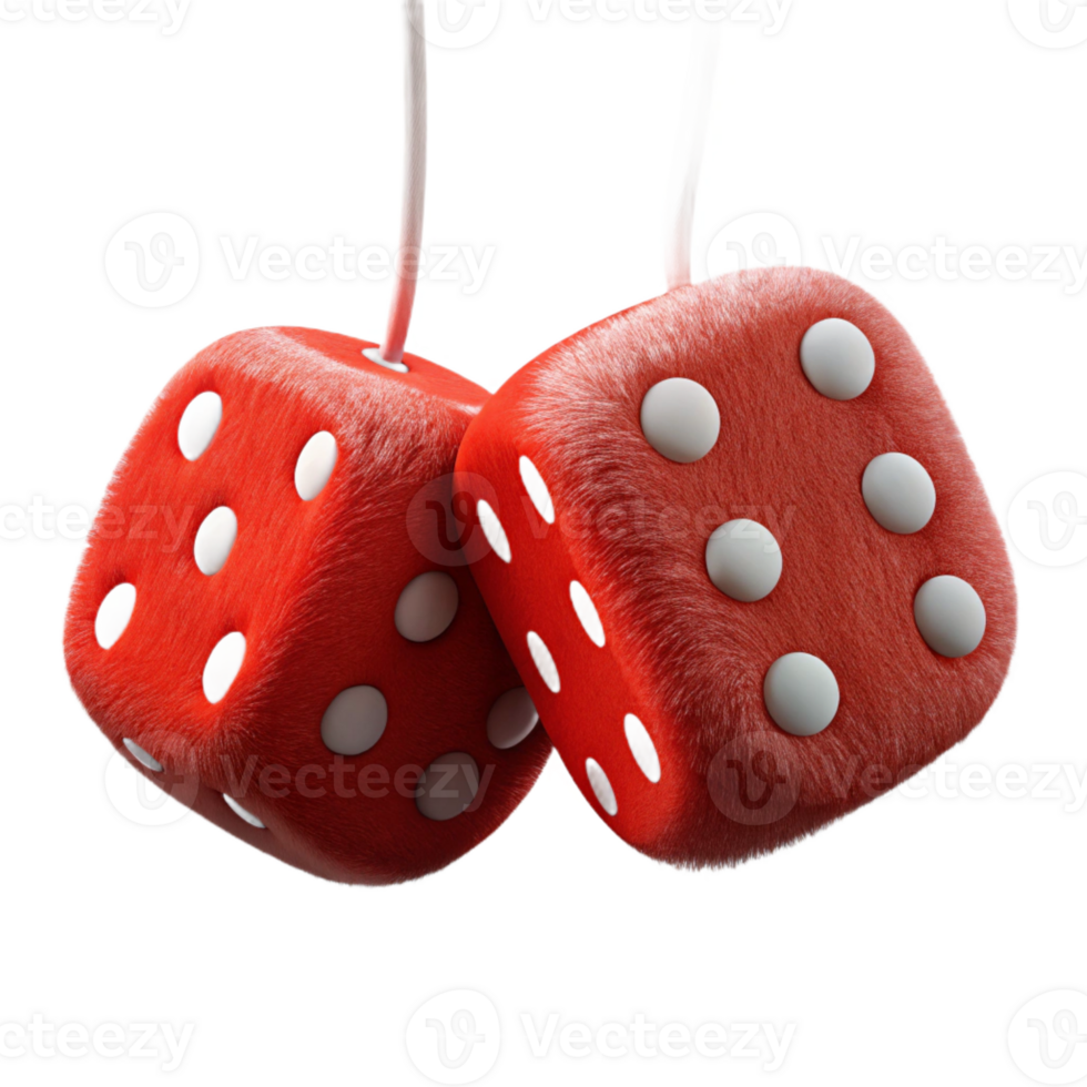 playful gorgeous A pair of fuzzy dice, hanging from a string, red, white dots, studio lighting, front view, isolateon transparent background,high-resolution product photography crisp png
