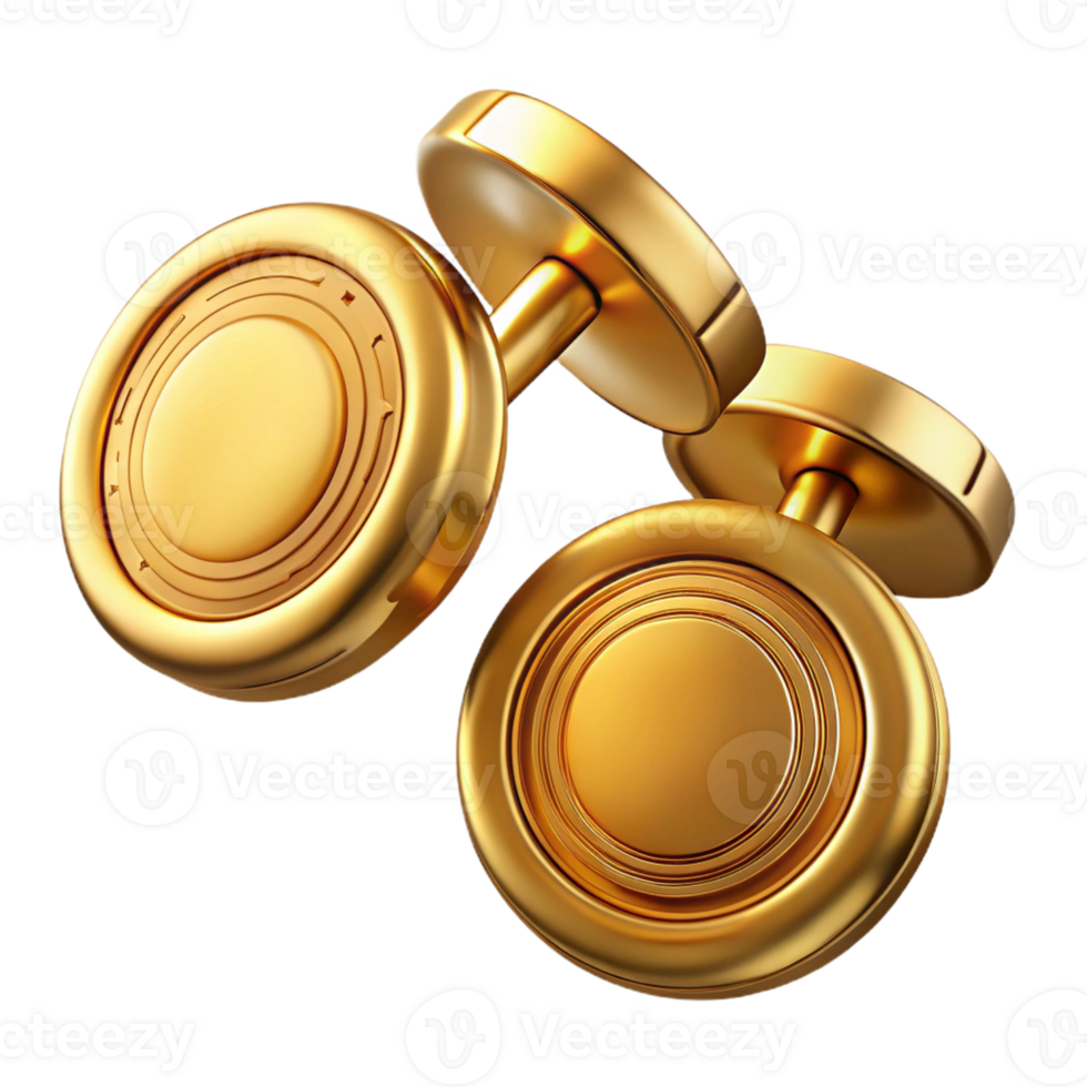 melancholic dramatic A pair of cufflinks, gold, circular shape, engravepattern, studio lighting, top-down view, isolateon transparent background,high-resolution product photography studio quality png