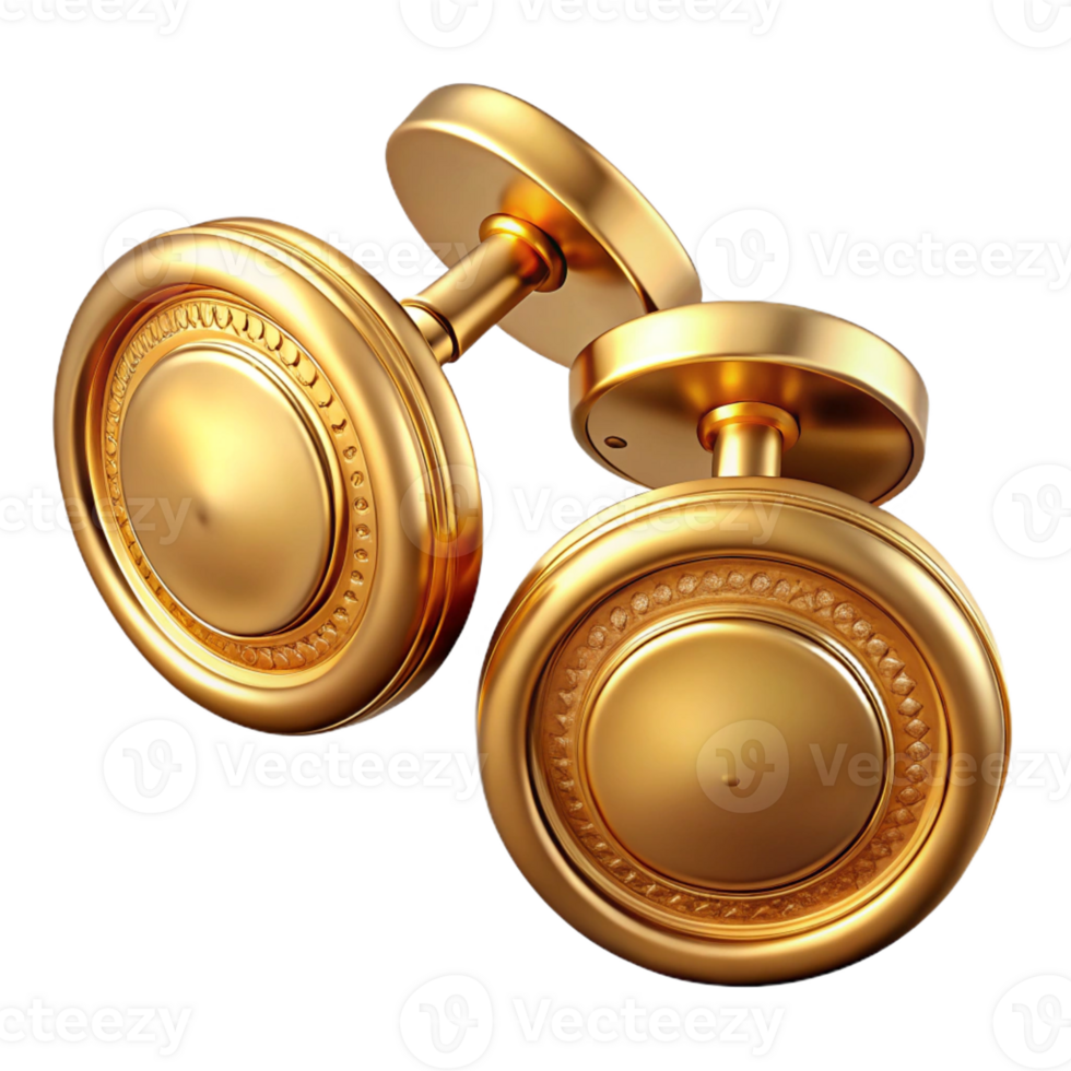fascinating rare A pair of cufflinks, gold, circular shape, engravepattern, studio lighting, top-down view, isolateon transparent background,high-resolution product photography png