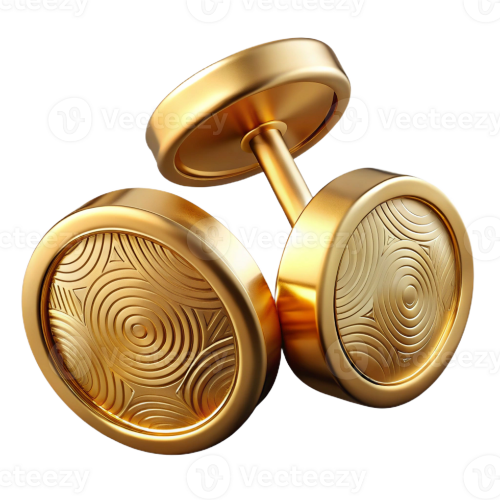 unparallelemid-century A pair of cufflinks, gold, circular shape, engravepattern, studio lighting, top-down view, isolateon transparent background,high-resolution product photography handcrafted png
