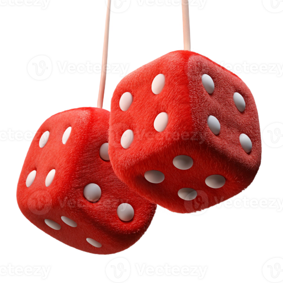 melancholic stunning A pair of fuzzy dice, hanging from a string, red, white dots, studio lighting, front view, isolateon transparent background,high-resolution product photography high resolution png
