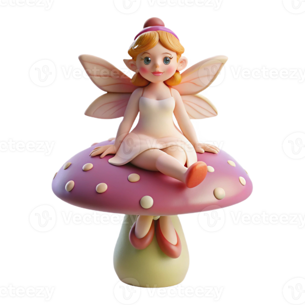 memorable urban Miniature fairy sitting on a mushroom cap, delicate wings, floral dress, soft lighting, side view, isolateon transparent background,high-resolution product photography original png