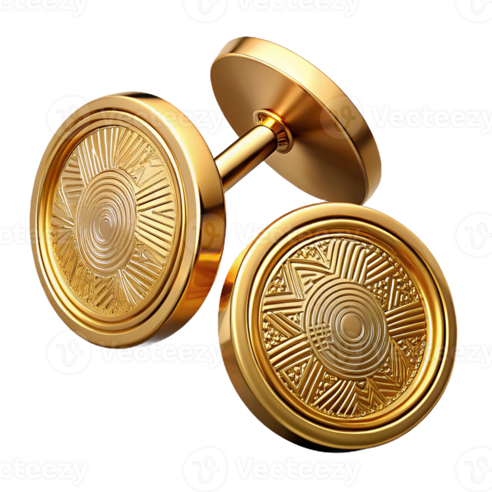 striking whimsical tropical A pair of cufflinks, gold, circular shape, engravepattern, studio lighting, top-down view, isolateon transparent background,high-resolution product photography original png