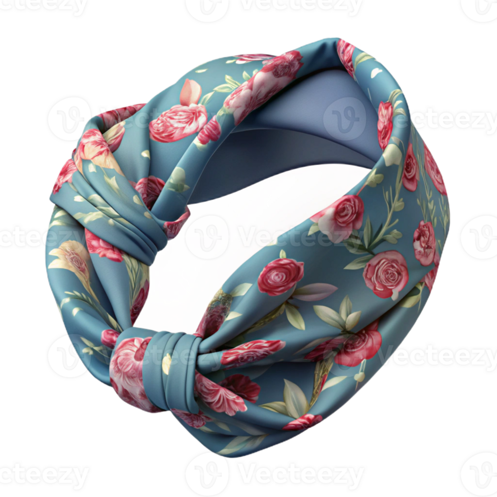 reflective exquisite A fabric headband, floral print, knottedesign, top-down view, soft lighting, with transparent background,high-resolution product photography detailed png