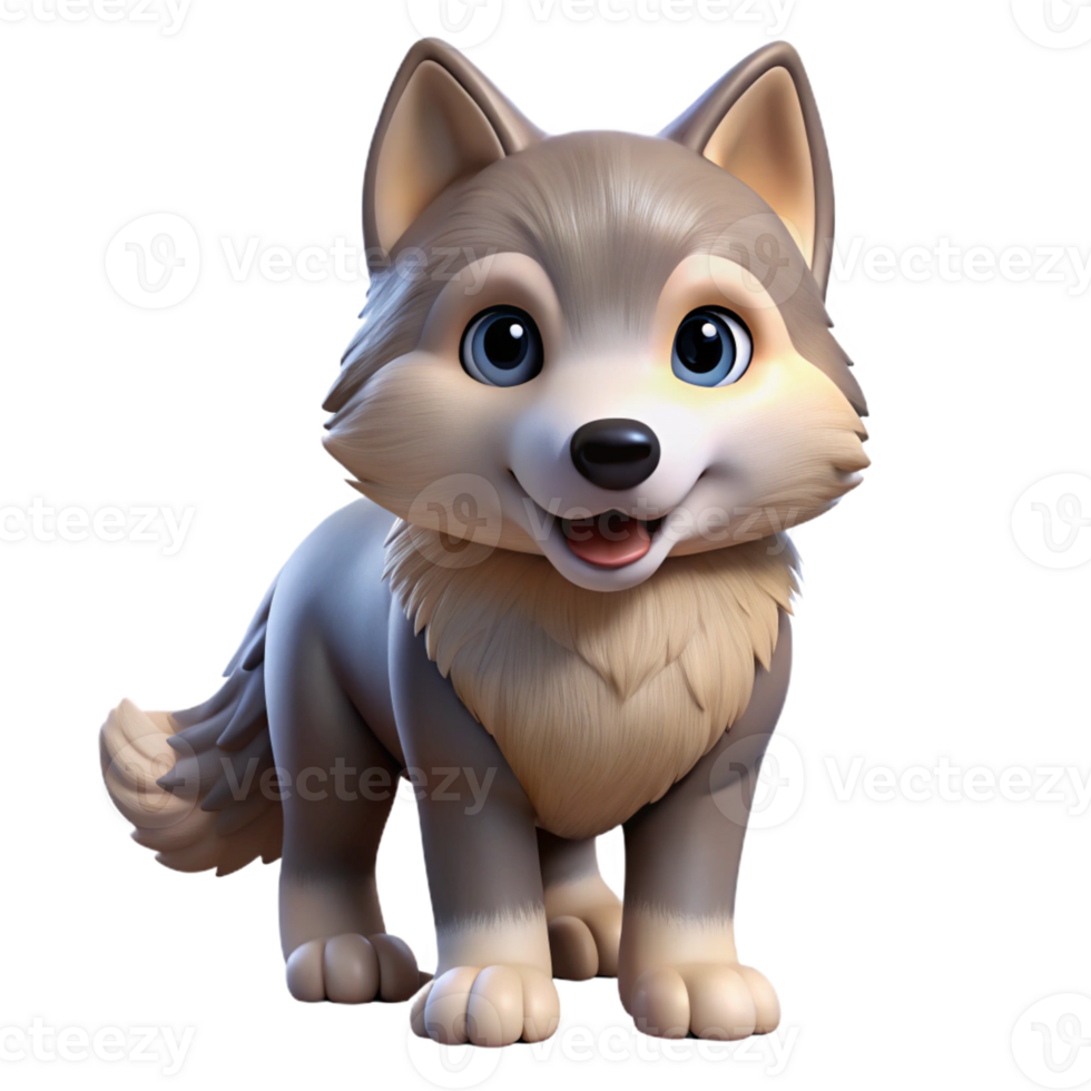 signature mid-century Wolf pup, playful expression, fluffy fur, soft lighting, front view, icon style, isolateon transparent background,high-resolution product photography impeccable png