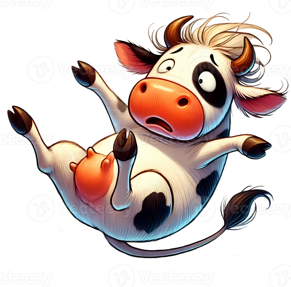 Funny Falling Cartoon Cow - Shocked Expression in Whimsical Style png