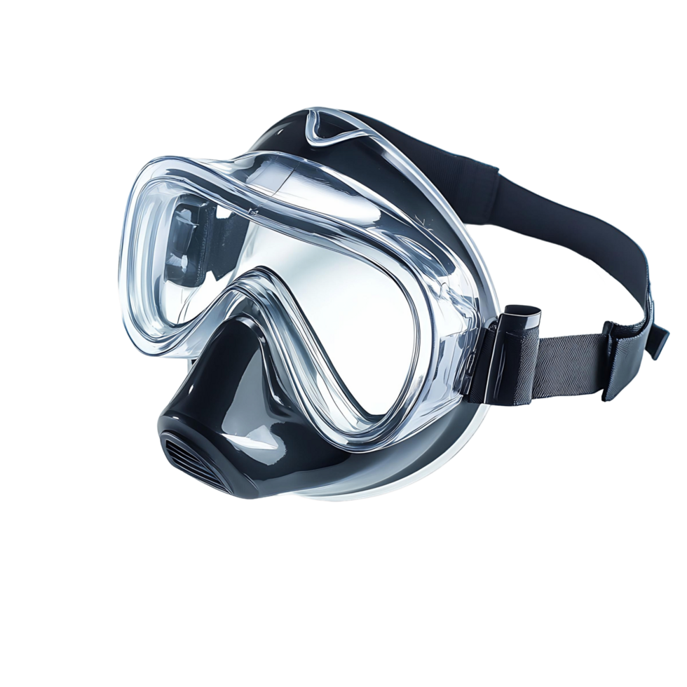 A pair of goggles with a black strap and a clear lens png