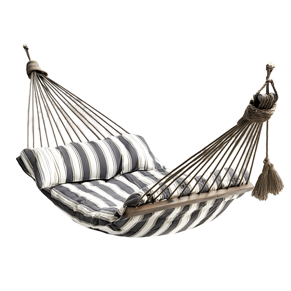 A striped hammock with a pillow and a rope hanging from it png